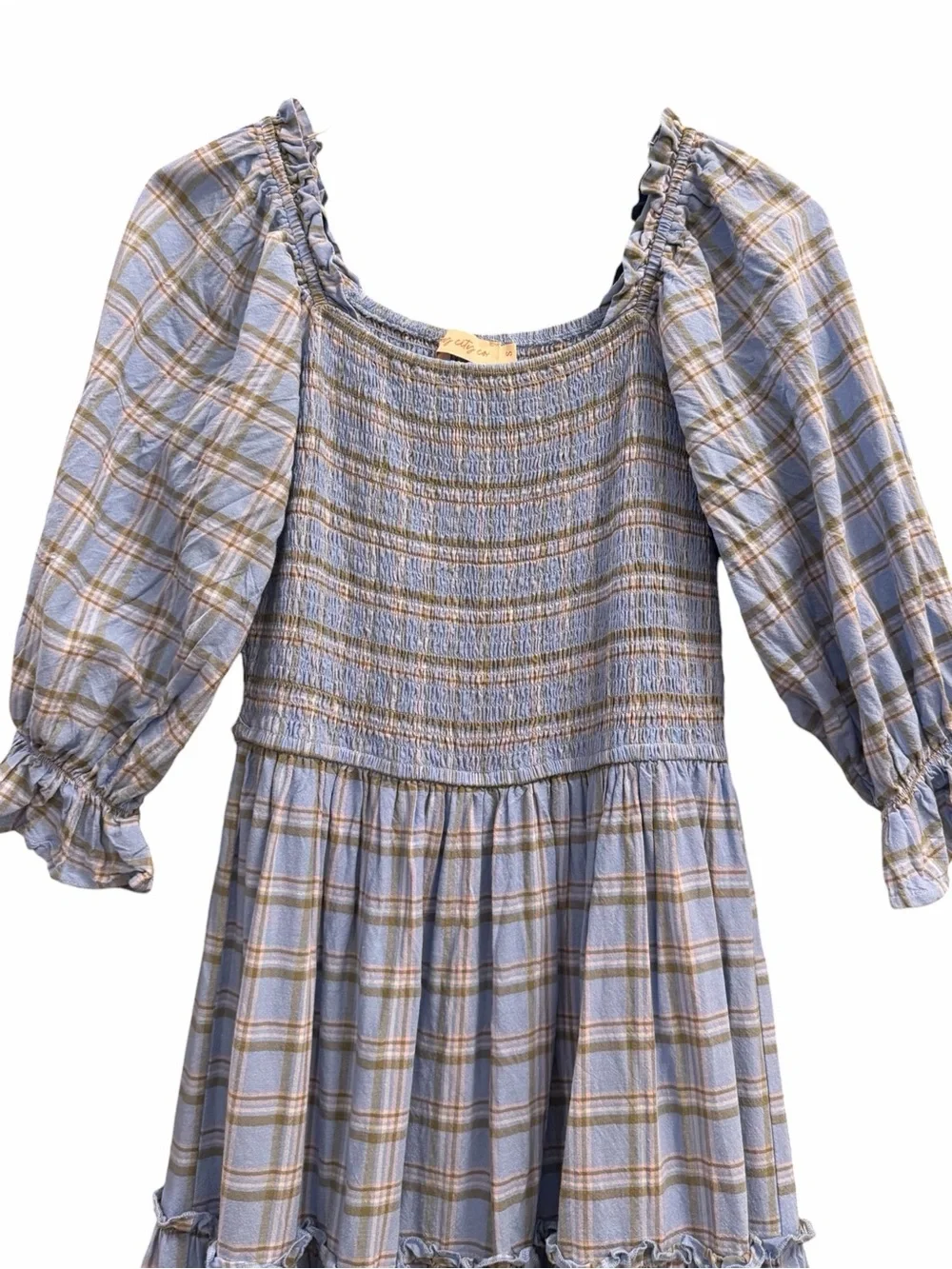 Ivy City Co Madeline Dress Light Blue Plaid Smocked Midi S
